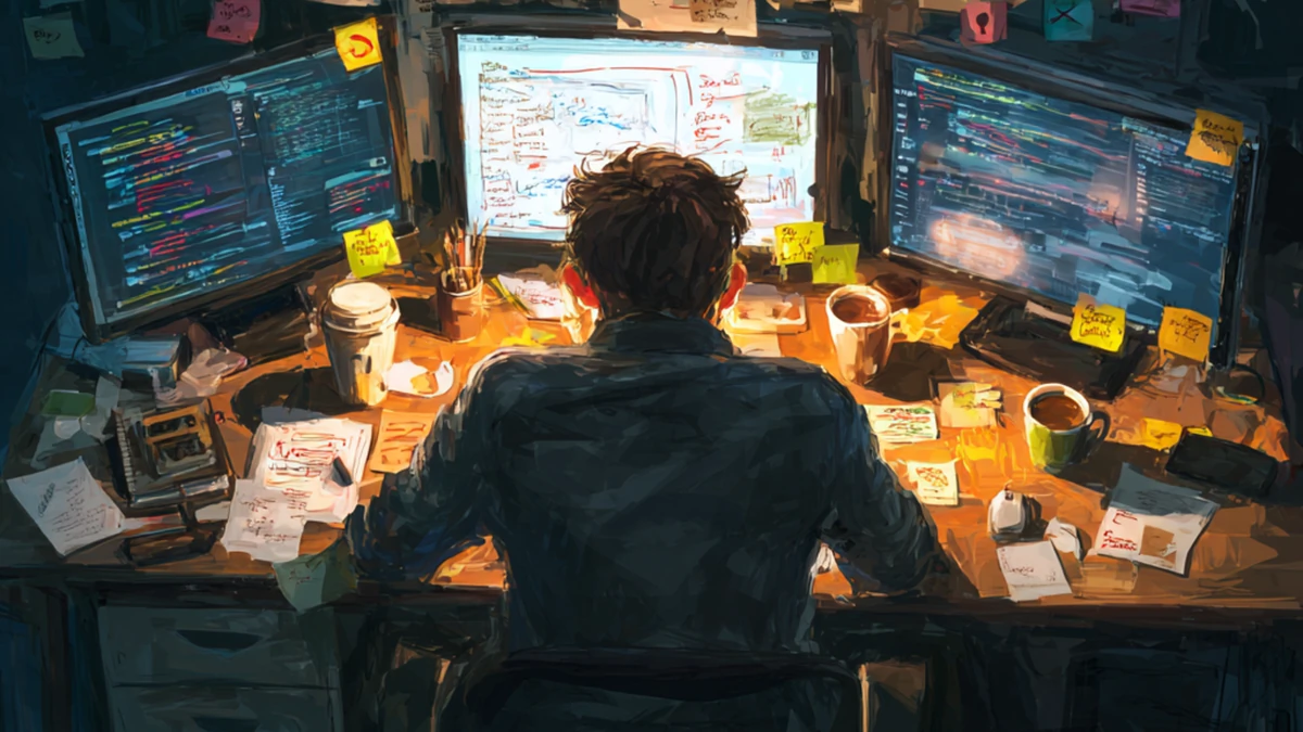 Engineer frustrated looking at endless Leetcode problems on multiple screens