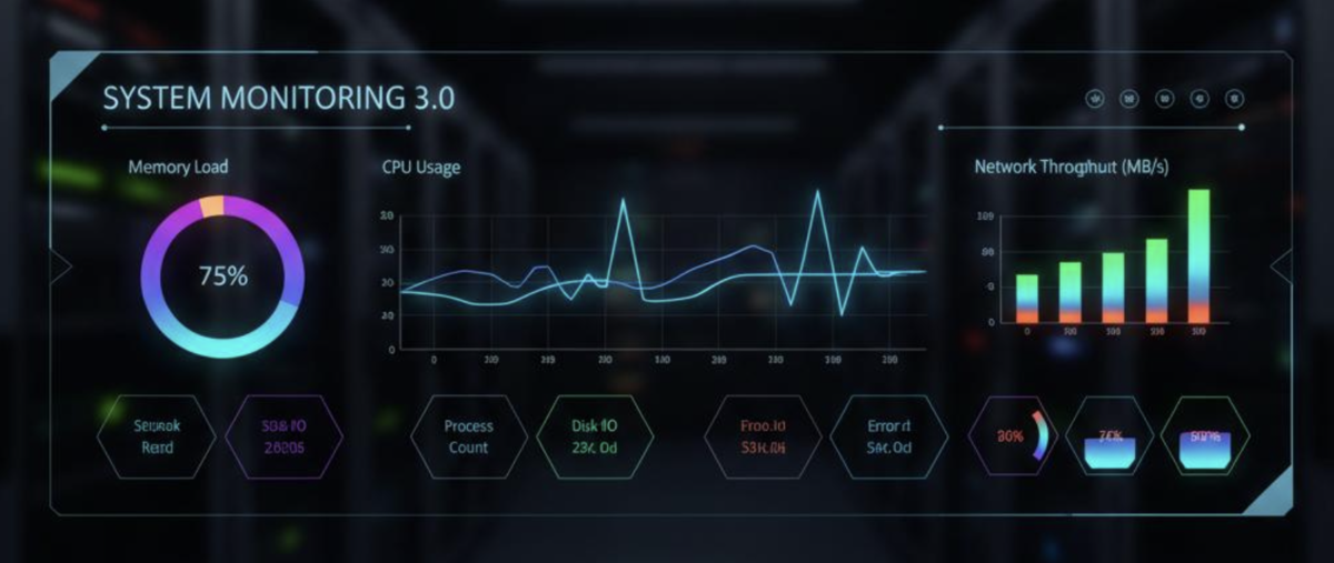 Dashboard interface showing multiple metrics graphs and charts, modern monitoring UI