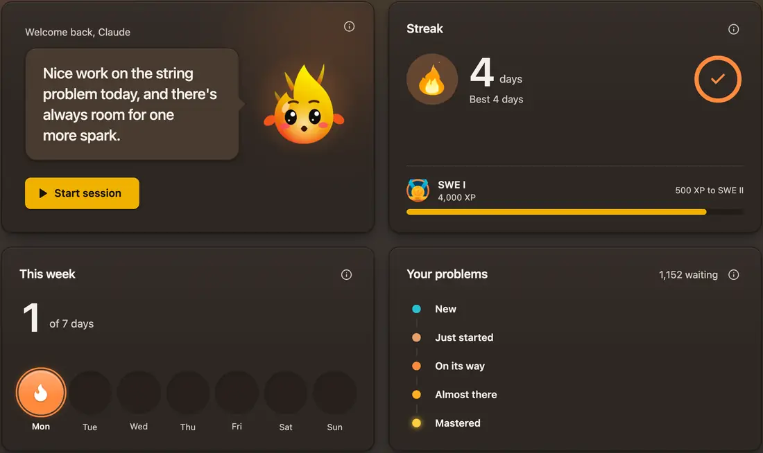 The Firecode dashboard: Firebot's greeting with Start session, the streak, this week's practice and each problem's stage.