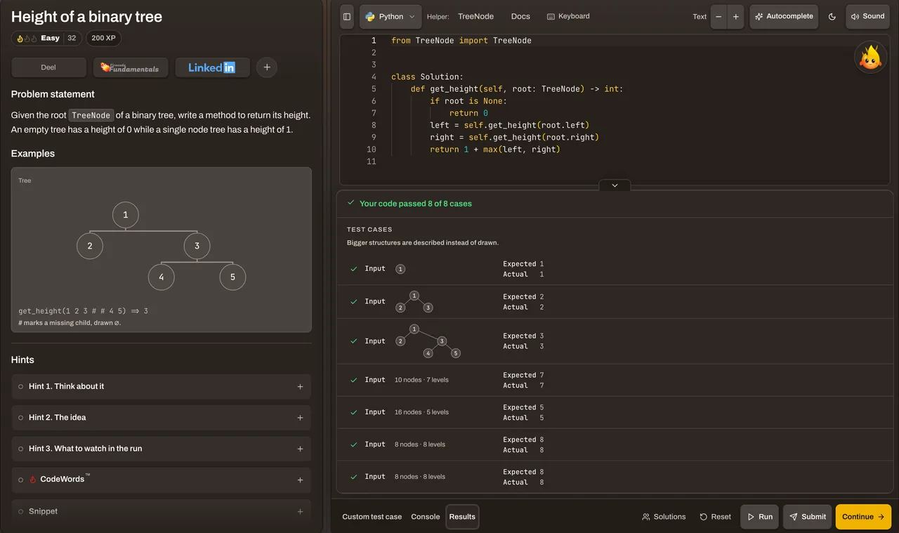 The Firecode problem page on Height of a binary tree: the statement with its example tree drawn, a recursive Python solution in the editor, and the results panel showing all 8 of 8 test cases passed.
